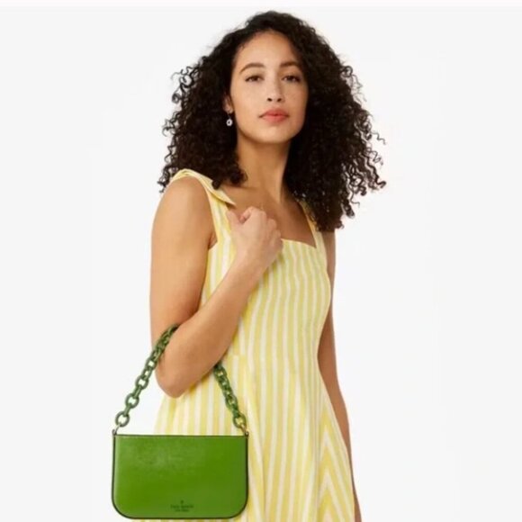 Kate Spade Madison Saffiano Pochette Bag + Card Holder Resin Chain Turtle Green - Picture 3 of 16